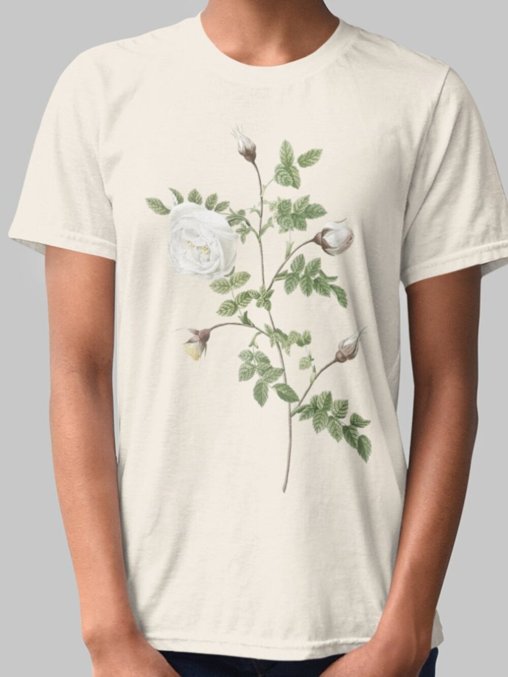 Silver-Flowered Hispid Rose Floral Print Short Sleeve Graphic Tee T-shirt S-XXL